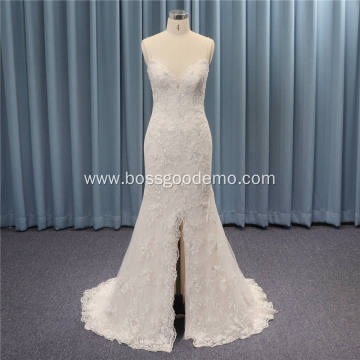 V neckline embroidery front split beaded mermaid diamond wedding gown dress with slit